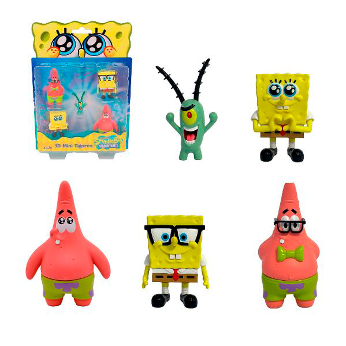 Figuras de Spongebob y Patricio en un paquete y sueltas.