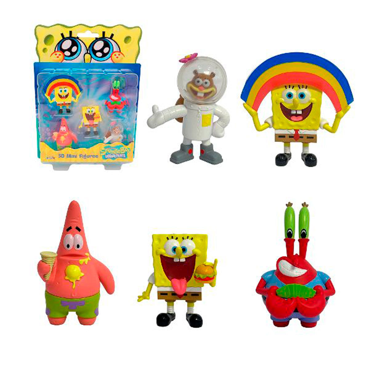 Figuras de Bob Esponja, Patricio, Sandy y Sr. Cangrejo en varias poses.