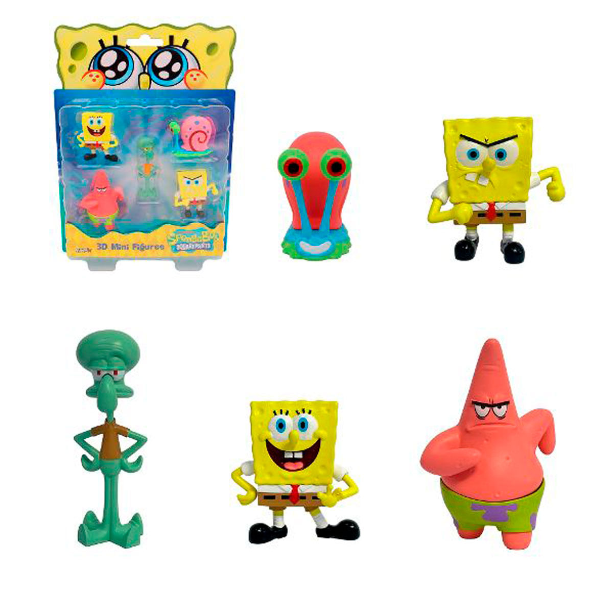 Figuras coleccionables de Bob Esponja, Patricio, Calamardo y Gary en paquete y sueltas.