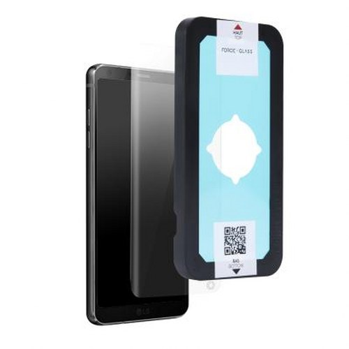 Uno smartphone nero con uno strumento applicatore di protezione schermo.
