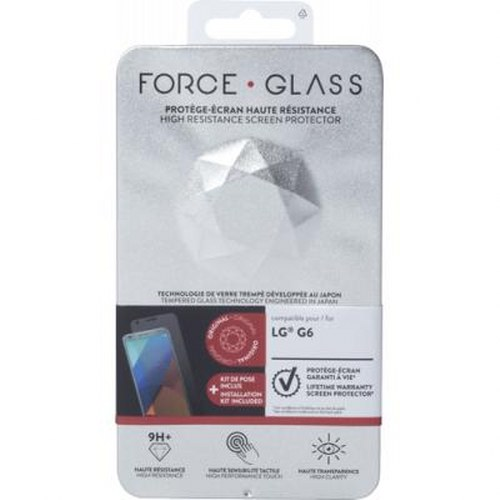 Confezione protettore schermo Force Glass per LG G6, con design geometrico e dettagli prodotto.