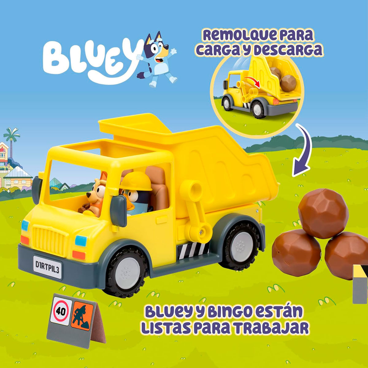 Camión volquete amarillo con personajes de Bluey, caja de carga y bolas marrones.