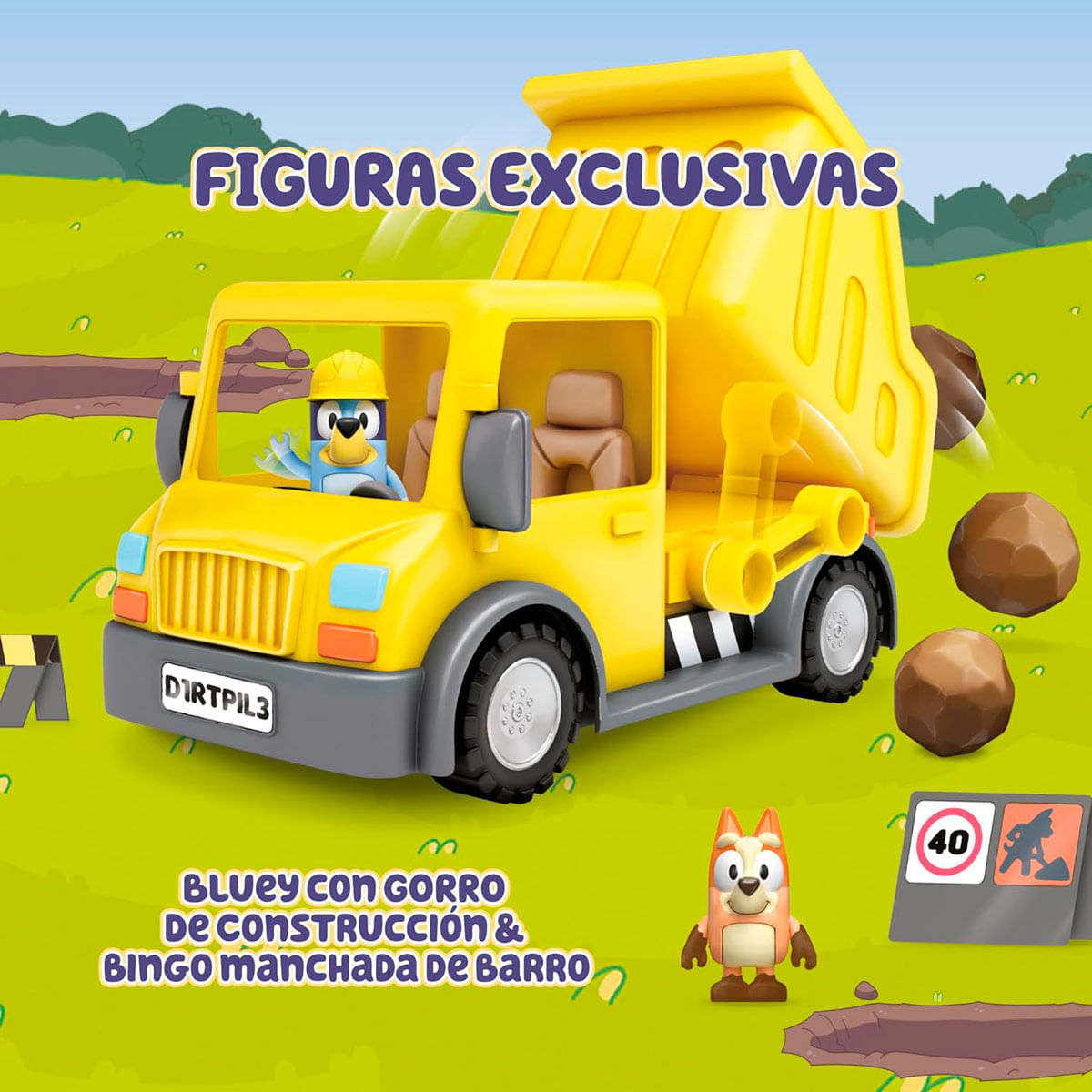Camión volquete amarillo con figura de Bluey, lleva figura de construcción y rocas.