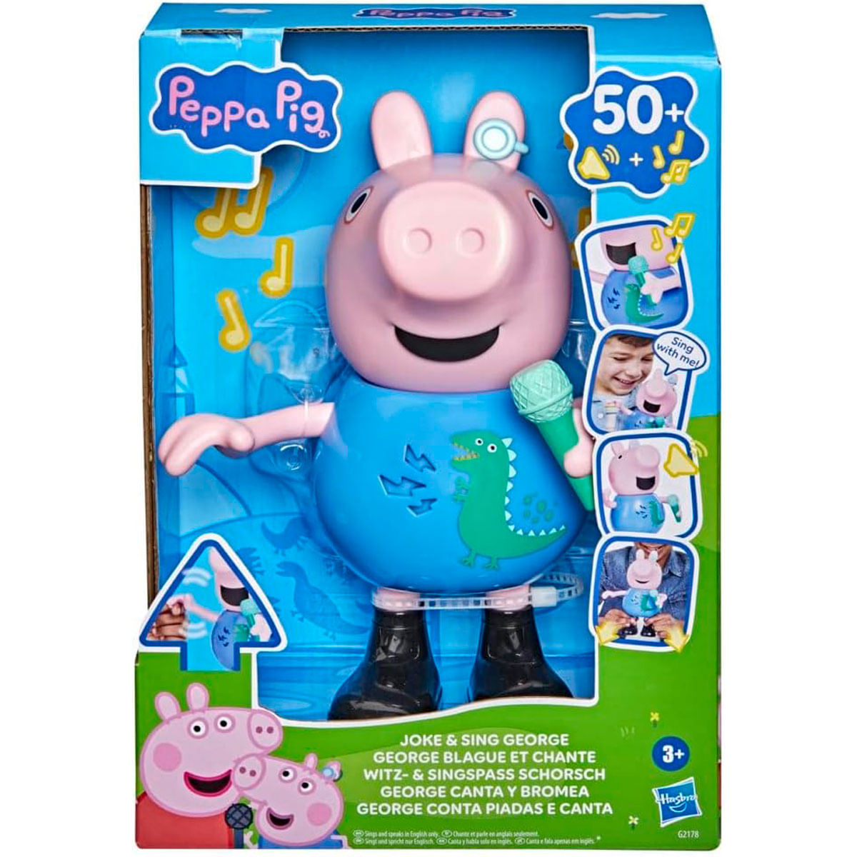 Caja de juguete de George Pig con micrófono y estampado de dinosaurio.