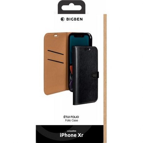 Custodia a libro Bigben iPhone Xr: portafoglio in pelle cuoio con custodia nera. Aperto.