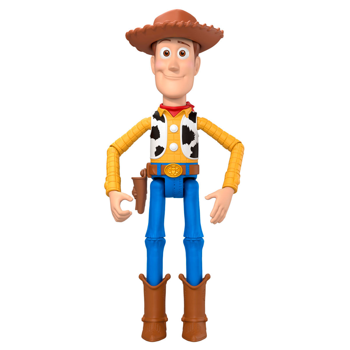 Figura de juguete de Woody con sombrero de vaquero, chaleco, jeans y botas.
