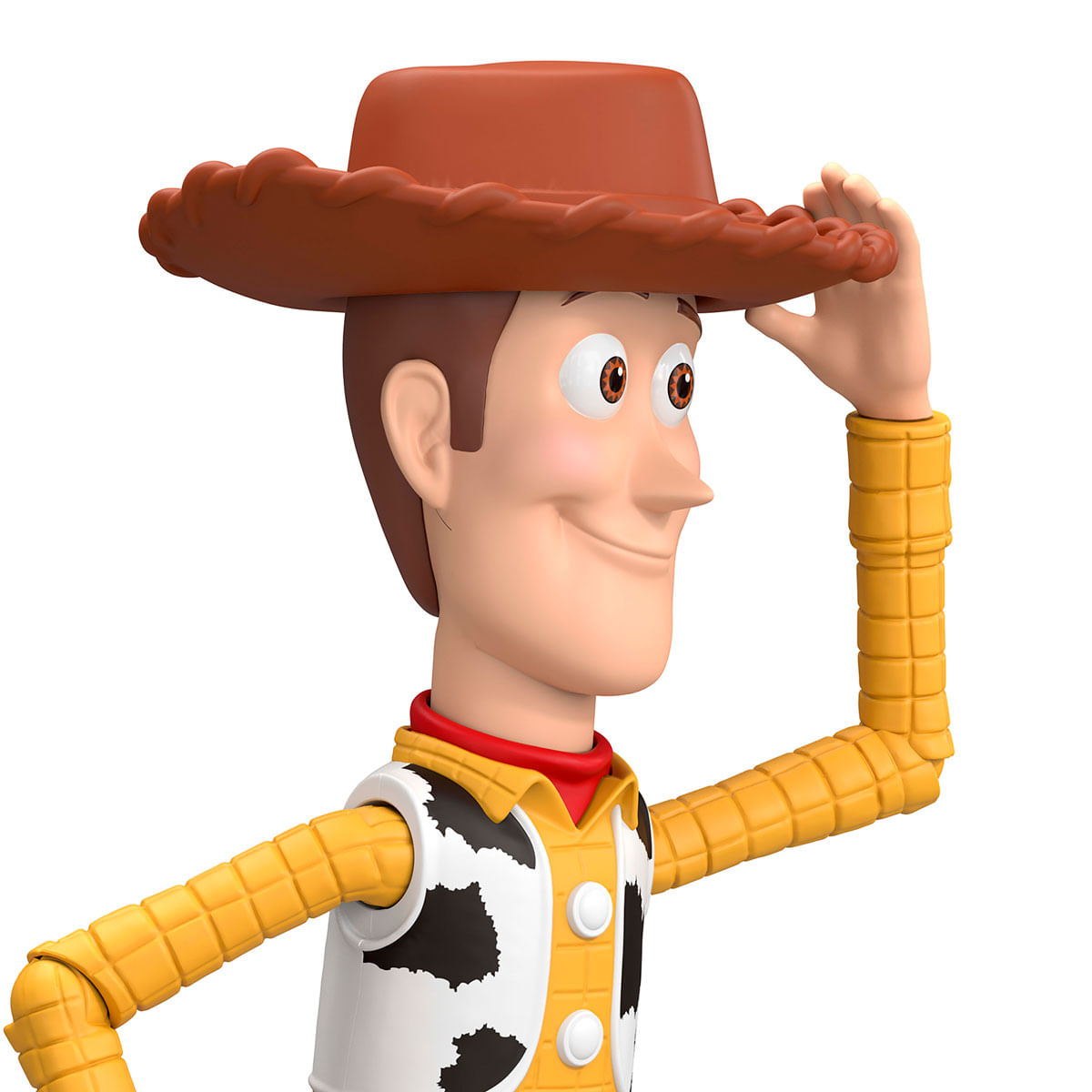 Woody de Toy Story se quita su sombrero de vaquero marrón, con chaleco.