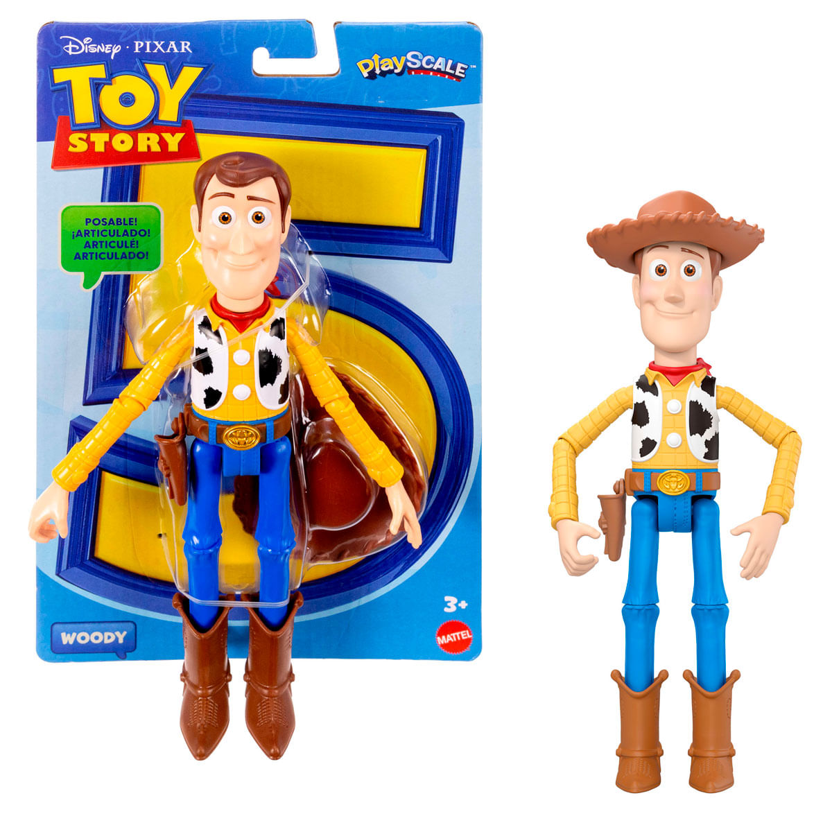 Figura de acción de Woody de Toy Story en su empaque y de pie al lado.