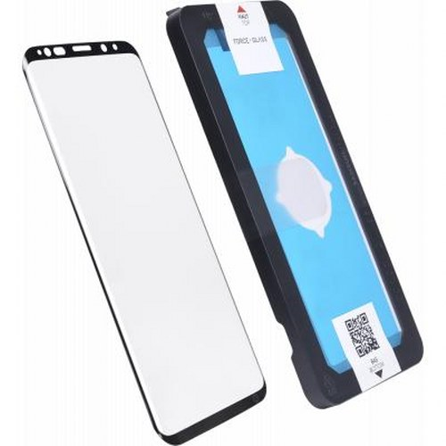 Een witte schermprotector en de verpakking met blauwe inleg.