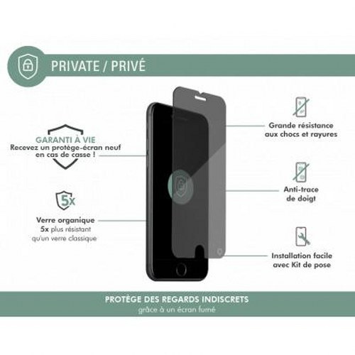 A black smartphone with a privacy screen protector. It shows features like durability and easy installation.