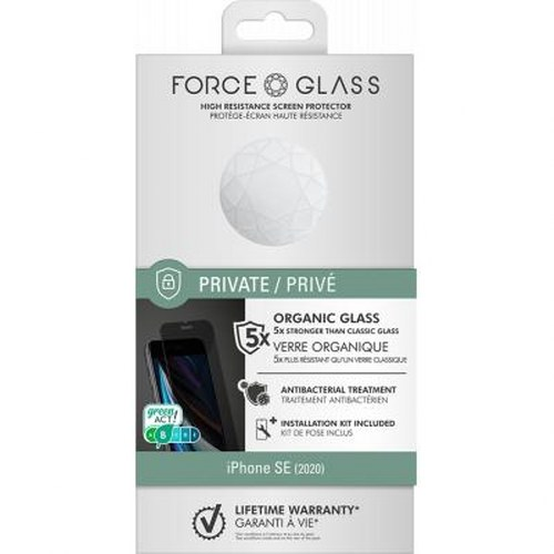 Packaging for a FORCE GLASS screen protector for iPhone SE (2020).