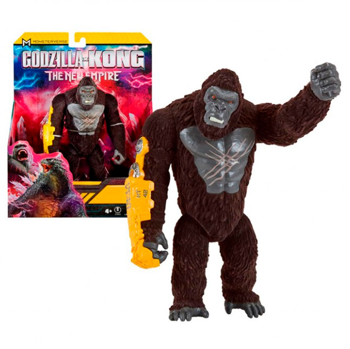 Una figura de acción de Kong con un arma amarilla junto a su empaque.