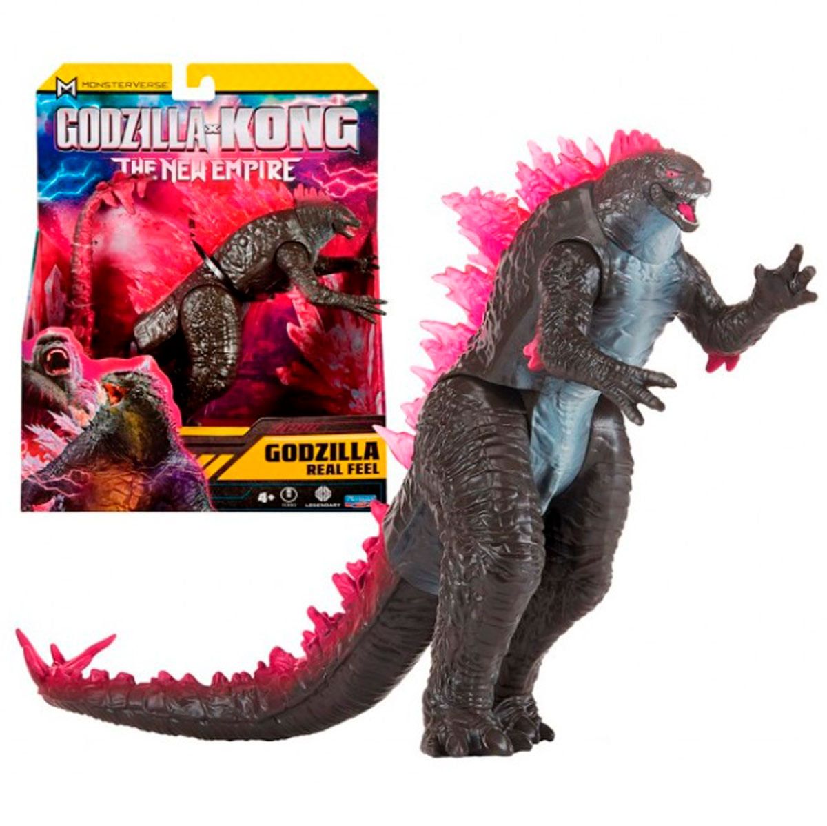 Figura de Godzilla con aletas dorsales rosas y su caja.