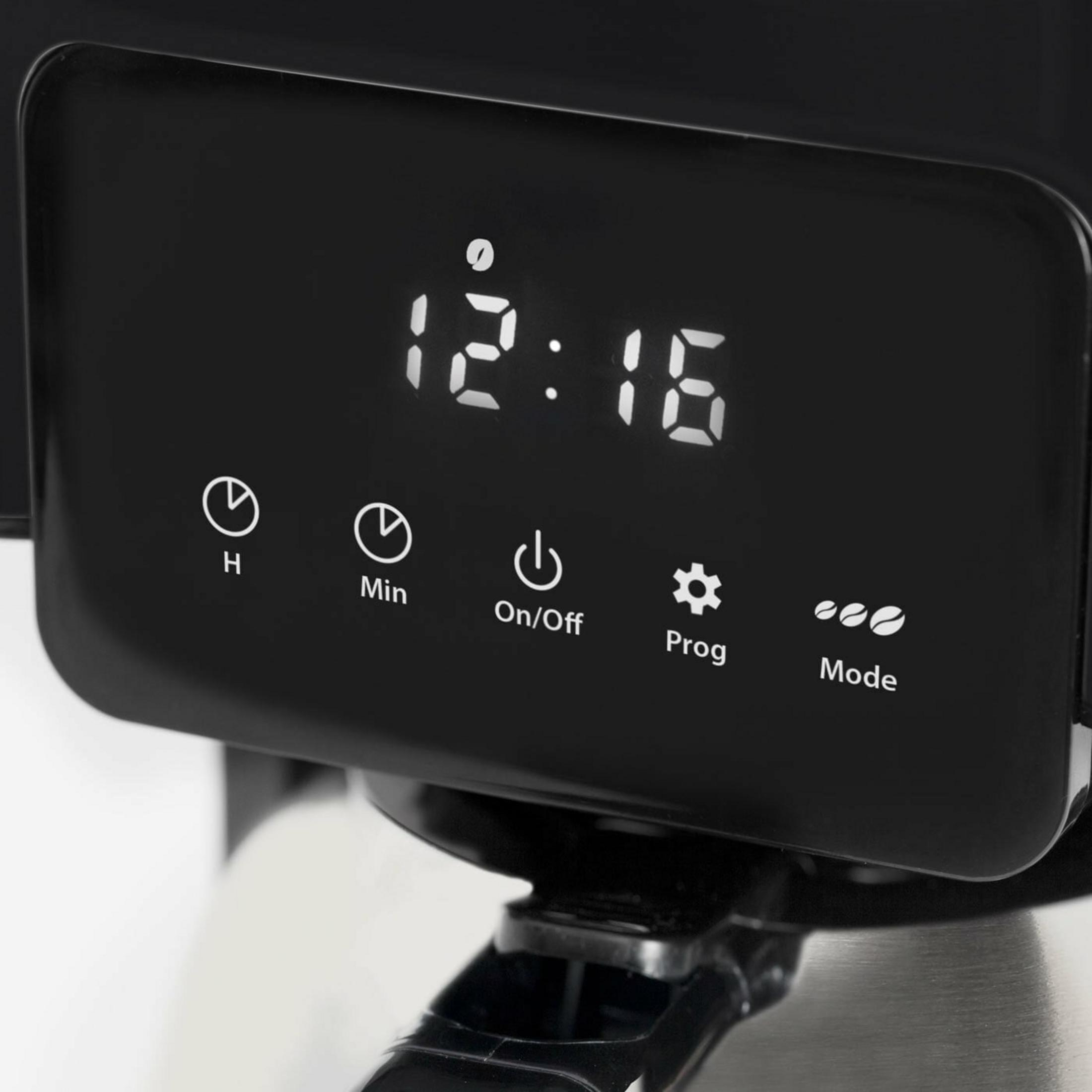 Digitalanzeige einer Kaffeemaschine mit Uhrzeit, Ein/Aus, Prog und Modus.