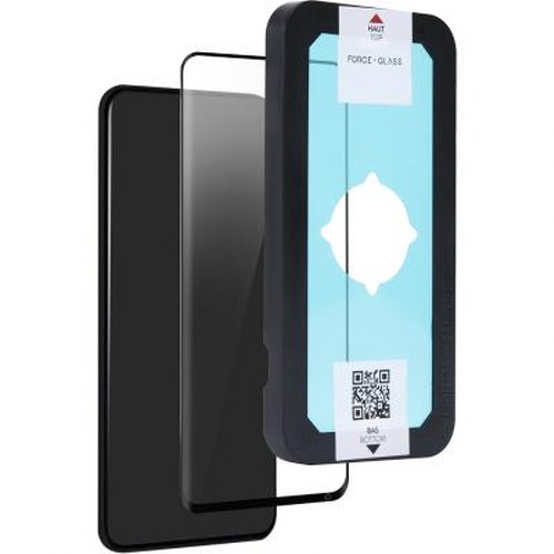 Protezione schermo per smartphone con cornice nera e istruzioni.