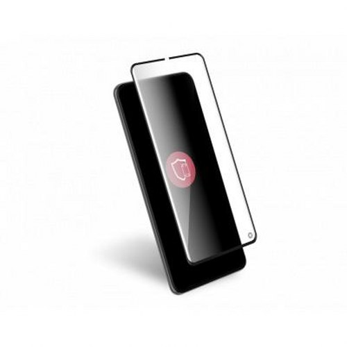 Uno smartphone nero con una protezione per lo schermo posizionata diagonalmente.