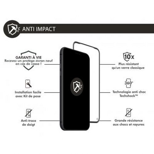 Displays a phone screen protector with features: Anti Impact, lifetime warranty, easy install, anti-fingerprint, 10x stronger, 360° tech.