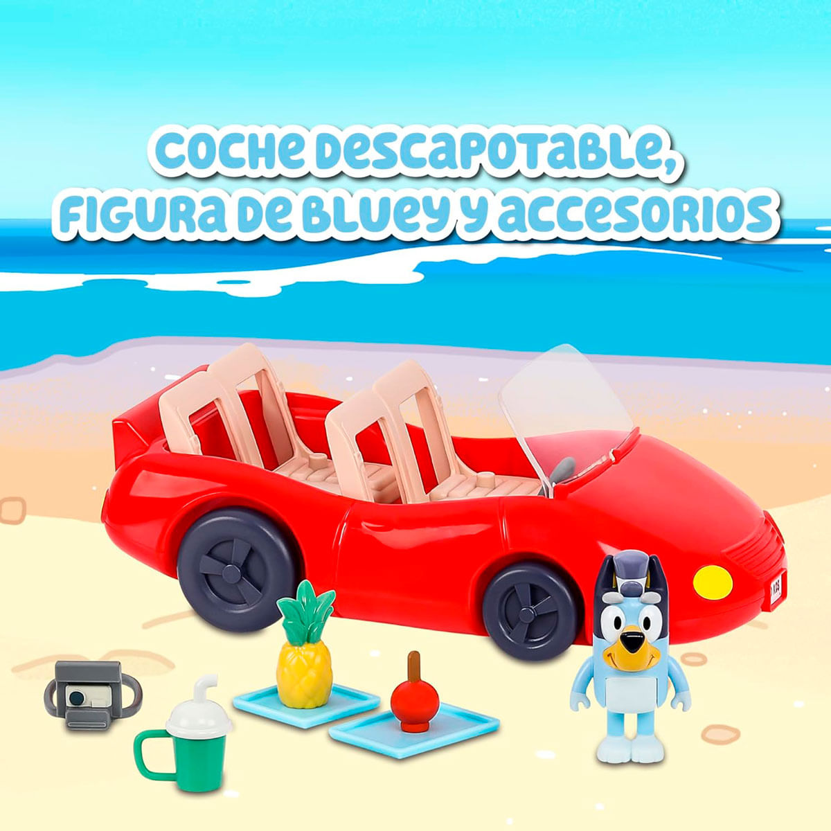 Coche descapotable de juguete rojo con figura de Bluey y accesorios.
