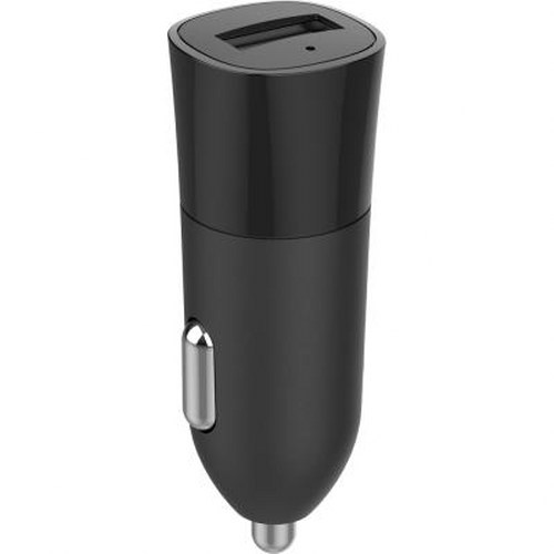 Un adattatore USB per auto nero con due porte USB in cima.