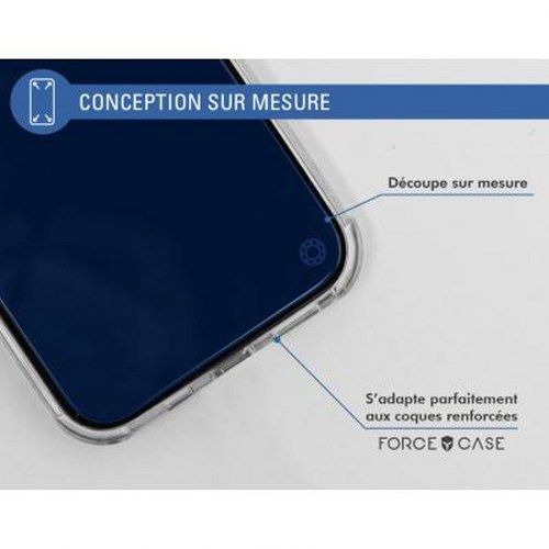 A clear phone case with a blue screen and text overlays.