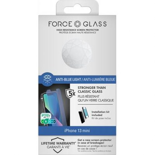 Packaging for an iPhone 13 mini glass screen protector with anti-blue light.