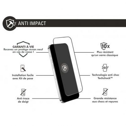 Mostra un telefono con proteggi schermo, evidenziando anti-impatto, garanzia a vita e facile installazione.
