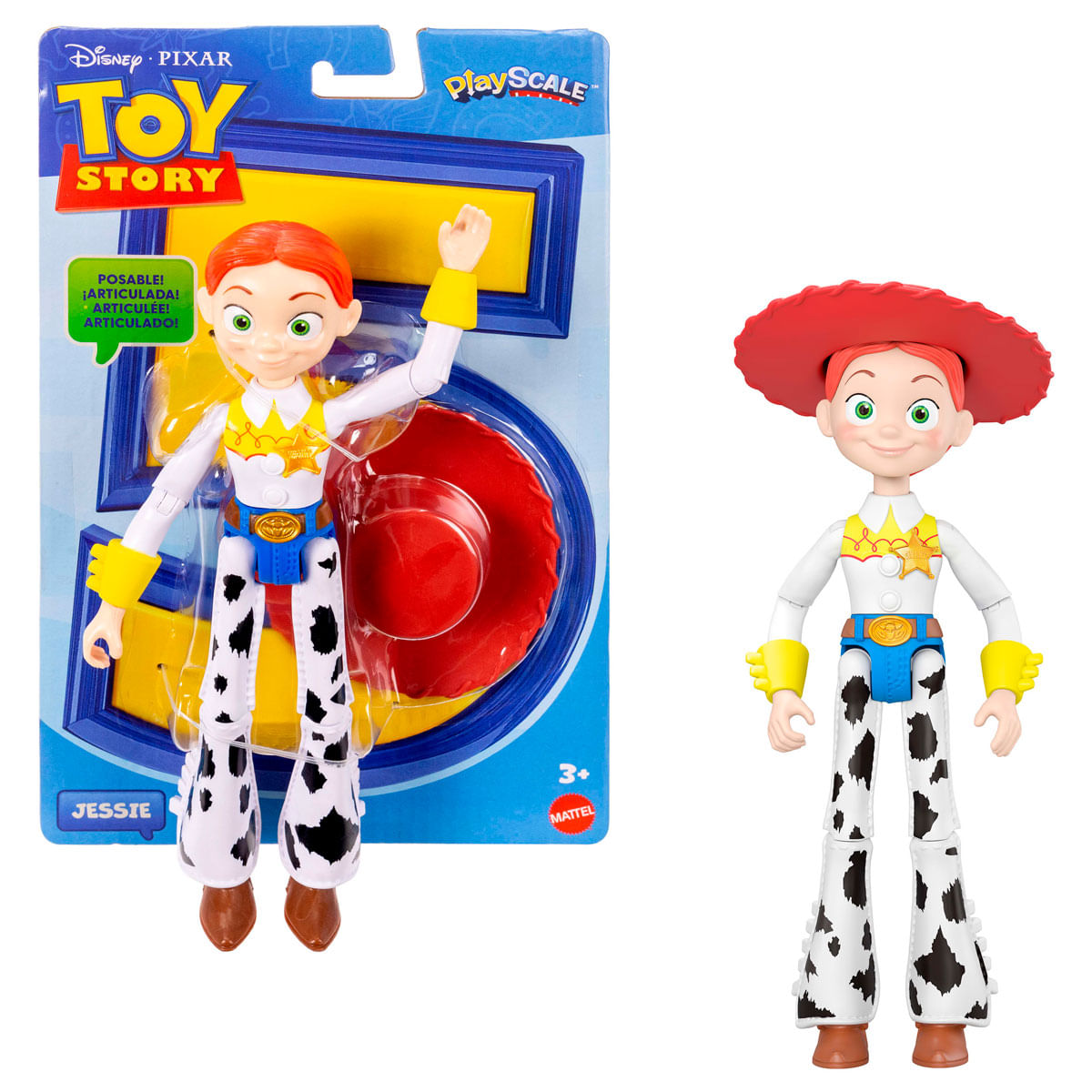 Muñeca Jessie en empaque de juguetería, con sombrero rojo, blusa blanca y pantalón estampado.
