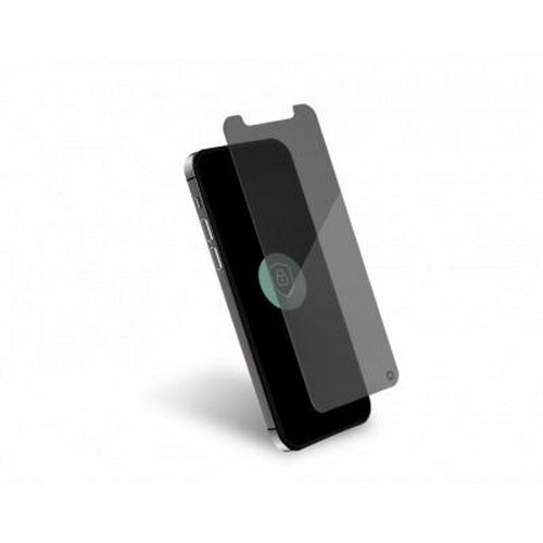 Uno smartphone nero con una protezione per lo schermo davanti al display.