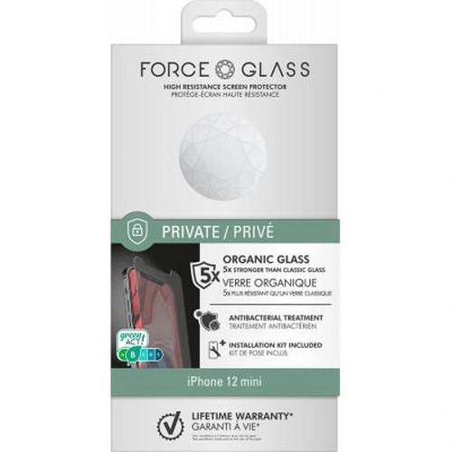 Confezione protettore schermo iPhone 12 mini, funzione "Privato", vetro organico e garanzia.