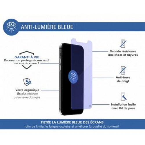 Blue light filter screen protector for smartphone, features lifetime warranty, scratch resistance, and easy install.