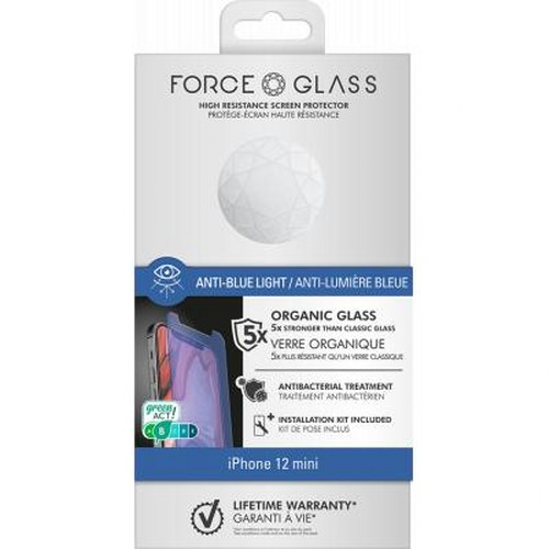 Box for an iPhone 12 mini screen protector made of organic glass with blue light filter.