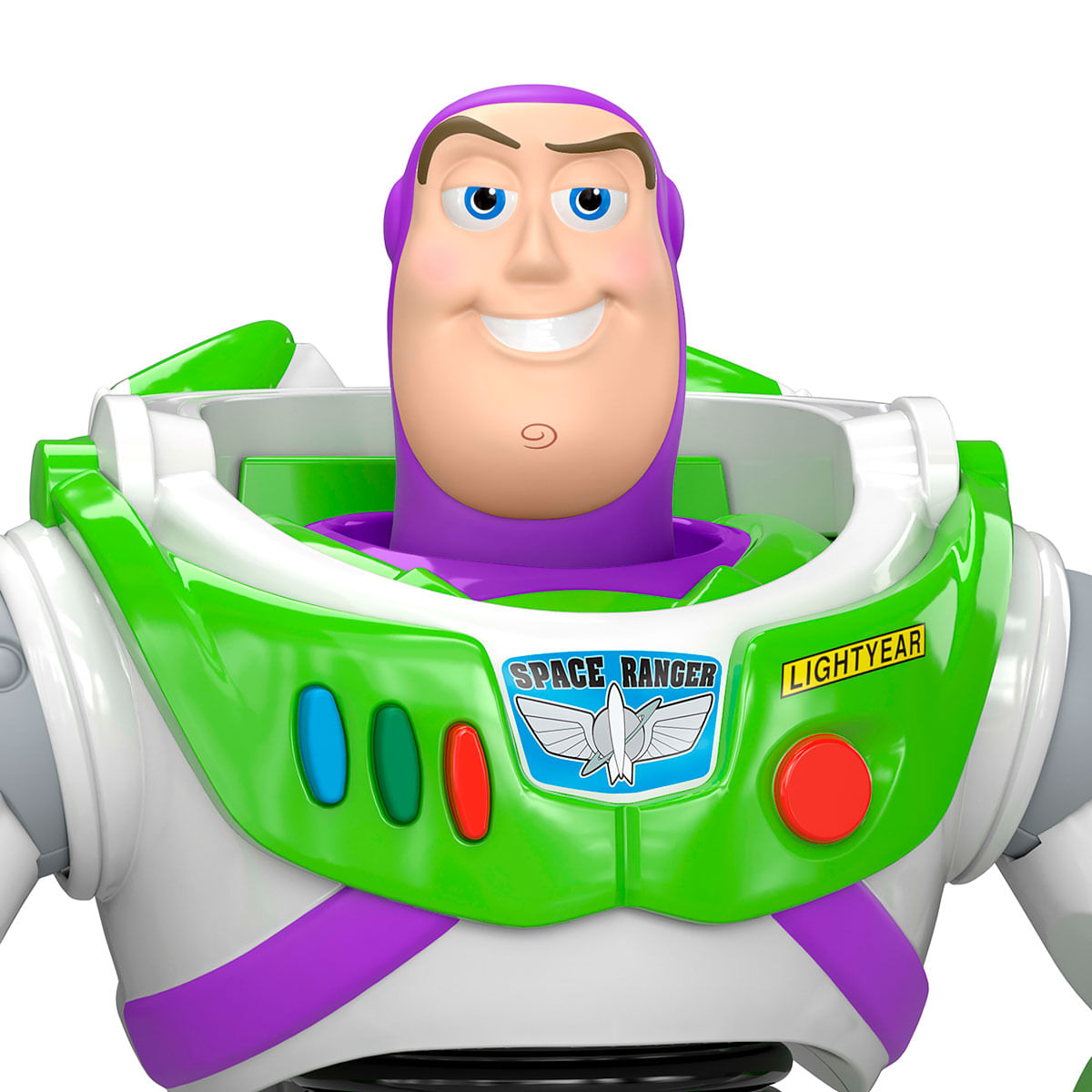 Figura de Buzz Lightyear con armadura blanca, verde y morada y emblema 'Space Ranger'.