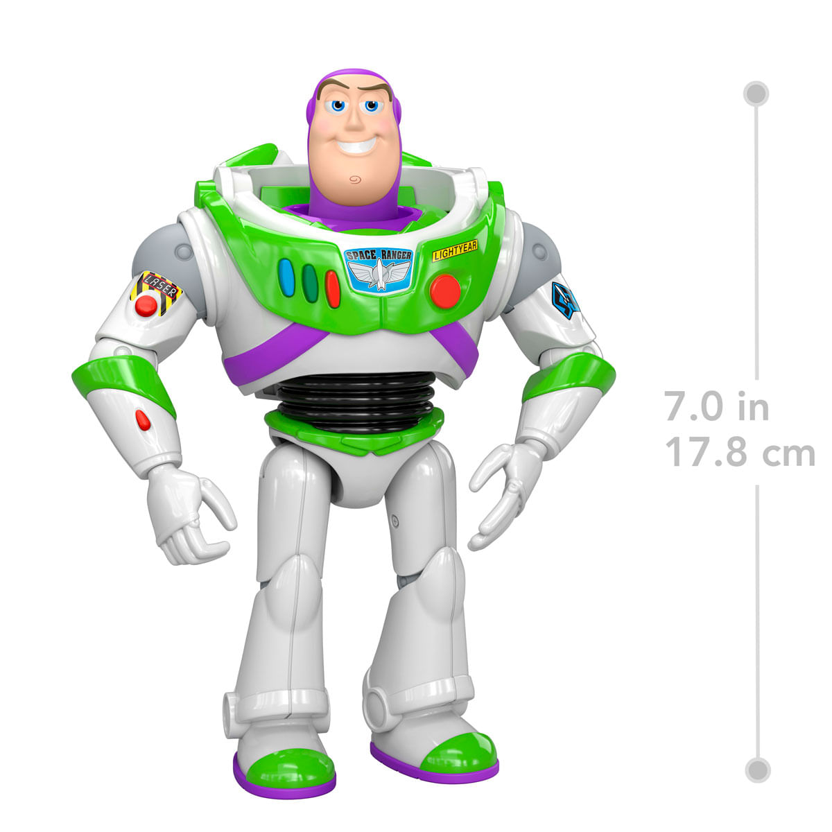 Figura de acción Buzz Lightyear de pie, blanca, verde, morada, con alas.