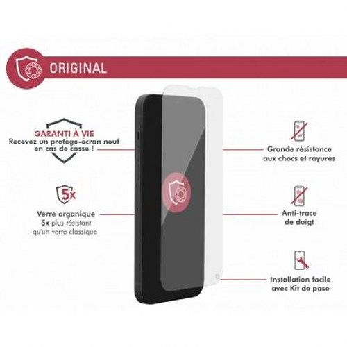 Displays a phone screen protector with features like lifetime warranty.