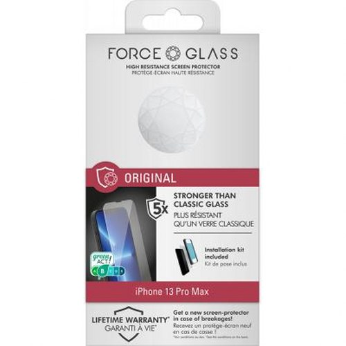 Packaging for an iPhone 13 Pro Max tempered glass screen protector.