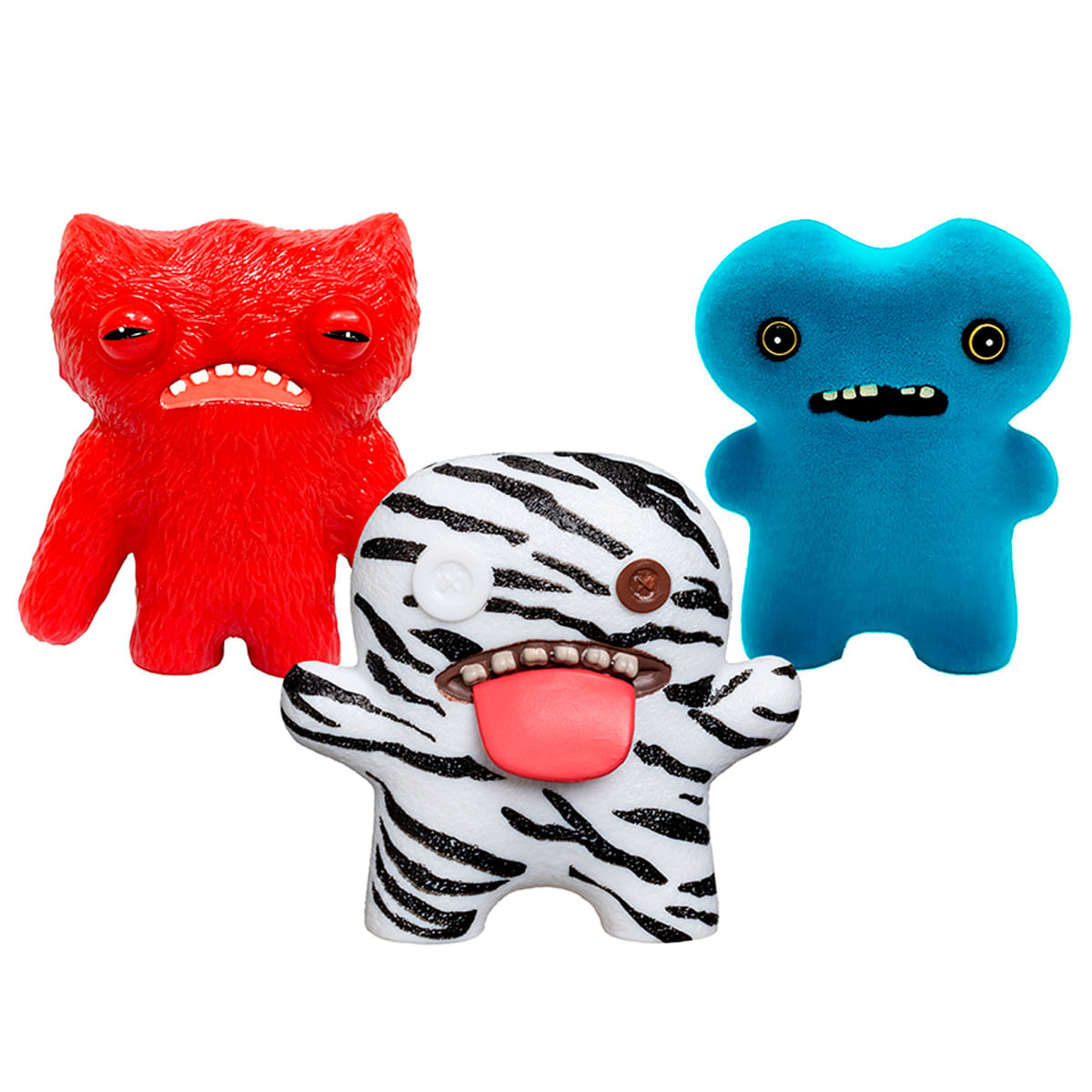 Tres monstruos de juguete: rojo, azul y a rayas con lengua roja.