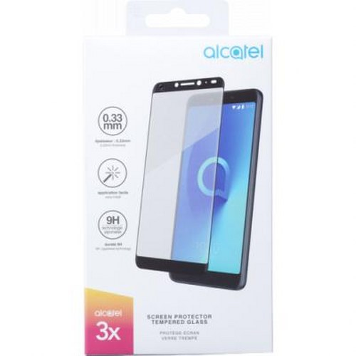 Confezione protettore schermo Alcatel con immagine telefono, spessore 0,33 mm e durezza 9H.