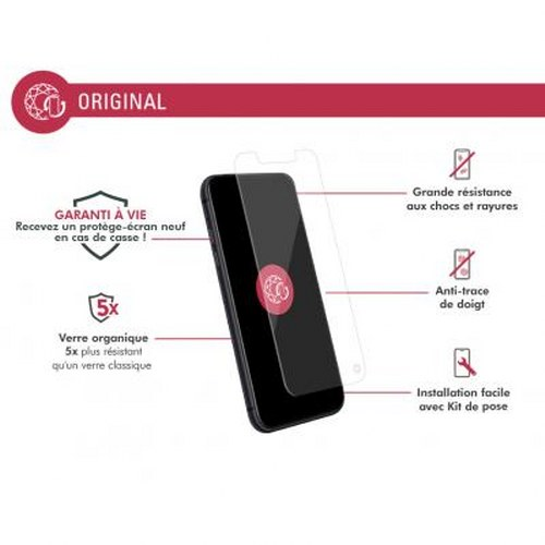 Displays a smartphone with a screen protector, highlighting features like durability and easy installation.