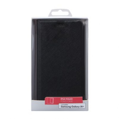 Custodia a libro nera per Samsung Galaxy J6+ in confezione.