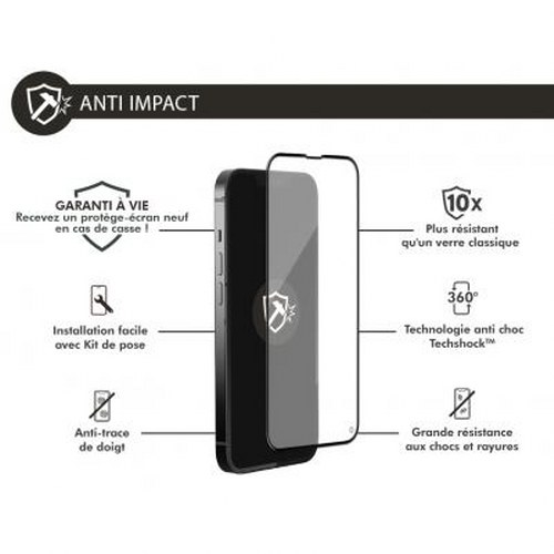 Screen protector for a smartphone with text on lifetime warranty, 10x strength, installation, 360° technology, anti-fingerprint.