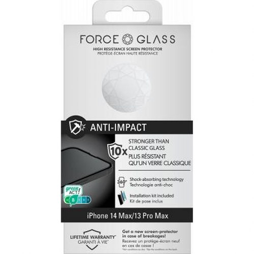 Force Glass anti-impact screen protector packaging for iPhone 14 Max/13 Pro Max.
