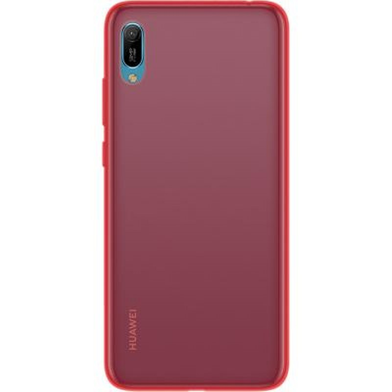 Custodia rossa per telefono con logo Huawei e apertura singola fotocamera in alto.