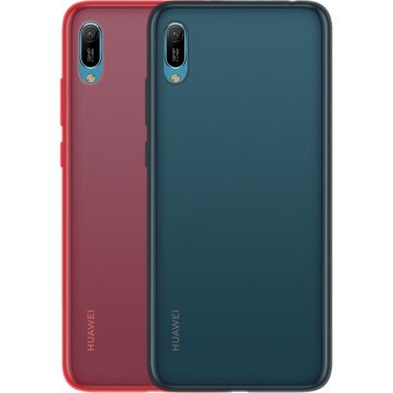 Due custodie per telefono Huawei, una rossa e una blu, con fotocamere posteriori.
