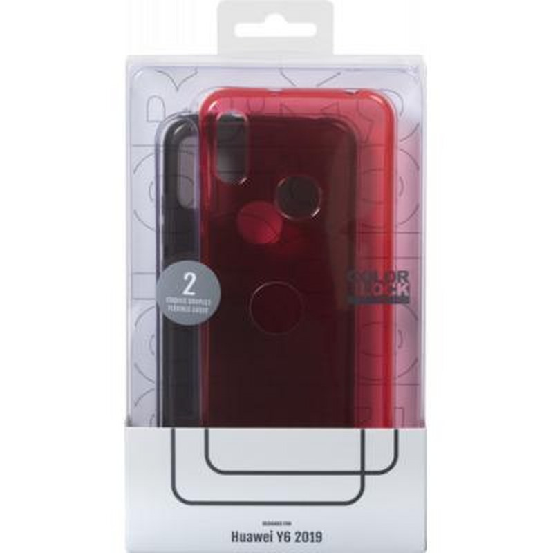 Confezione con due cover trasparenti rosse e nere per Huawei Y6 2019.