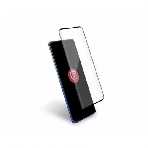Uno smartphone con una protezione per lo schermo che mostra un'icona di impronta digitale rossa.