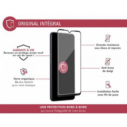 Una protezione per lo schermo dello smartphone con testo che ne dettaglia le caratteristiche come la garanzia a vita.