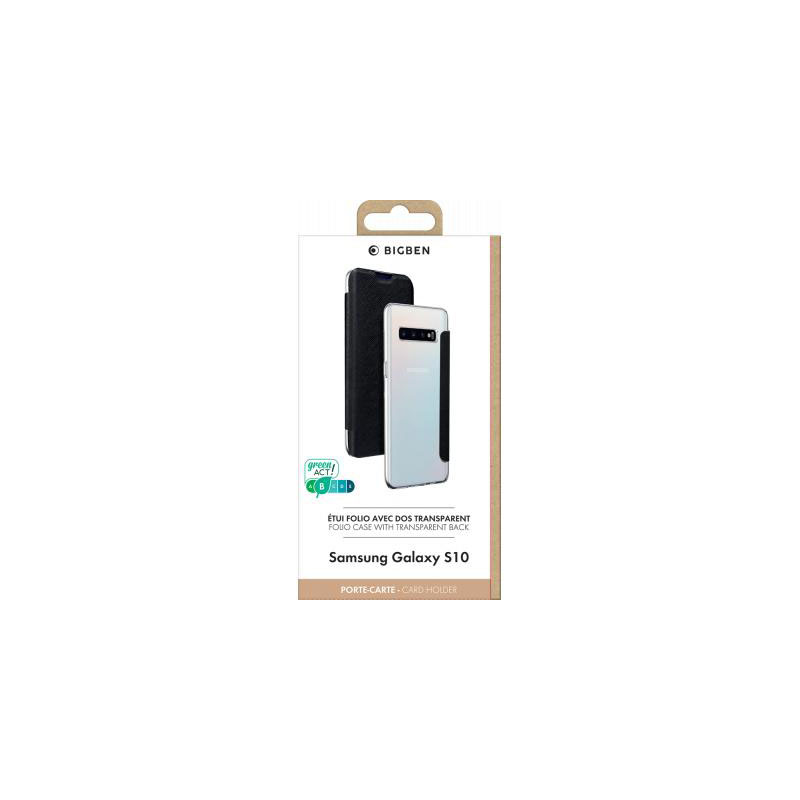 Confezione con custodia nera e Samsung Galaxy S10 con retro trasparente.