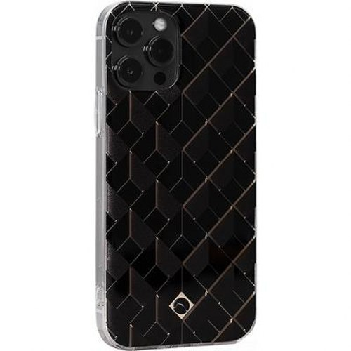 Un iPhone nero con motivo geometrico e array di fotocamere.