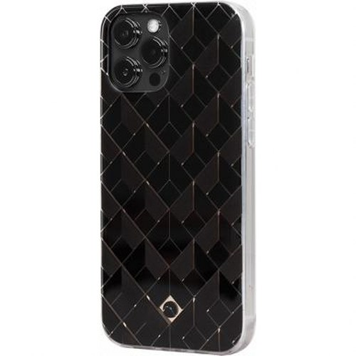 Custodia nera per iPhone con motivo geometrico e tre obiettivi.