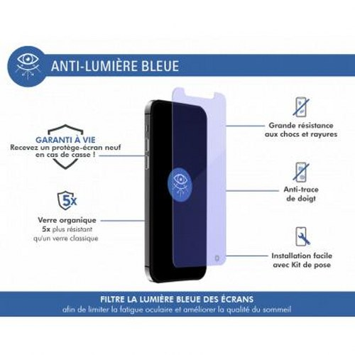 Protezione schermo smartphone con funzione 'Anti-Luce Blu', che mostra funzioni e vantaggi.